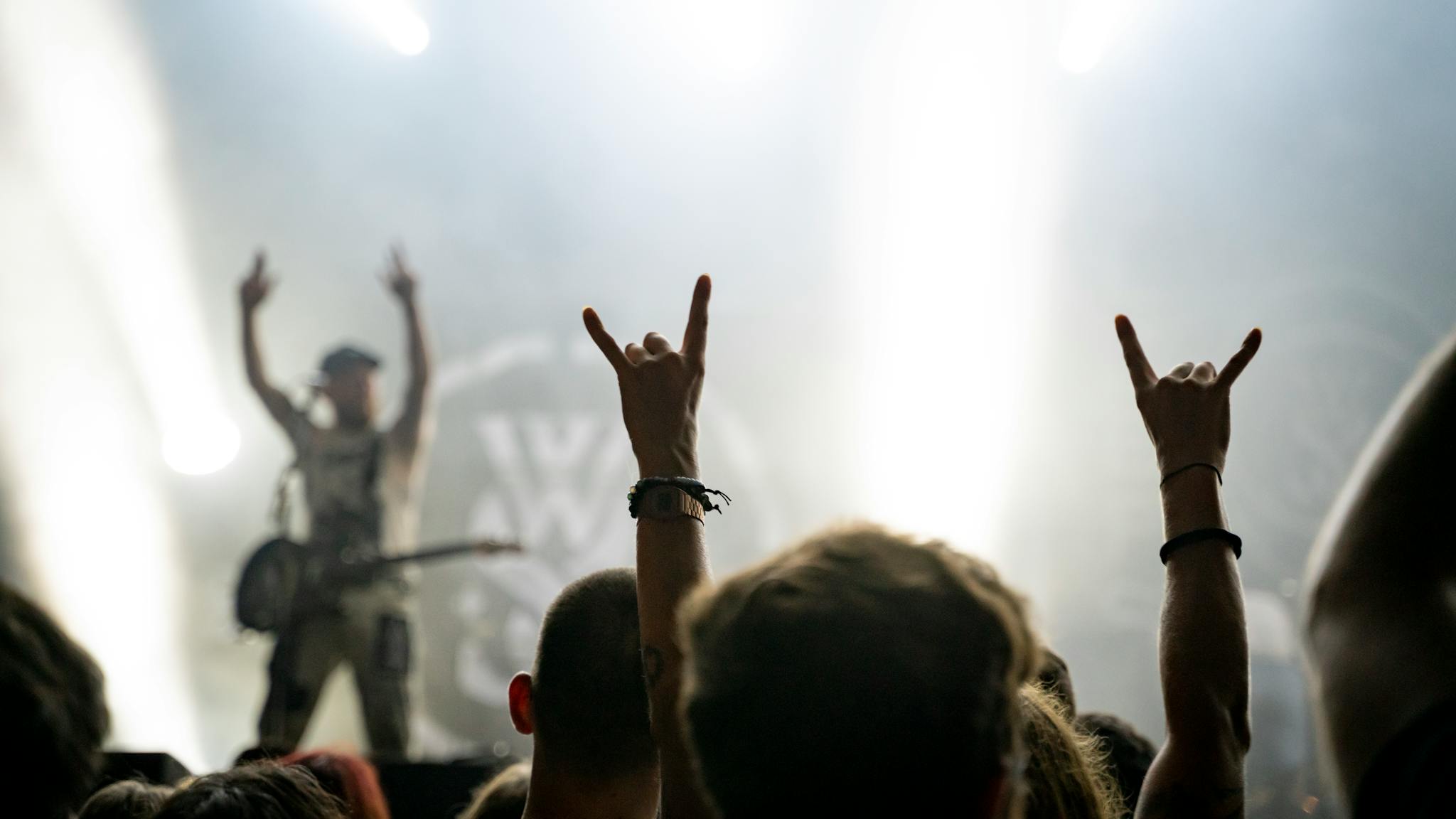 A dynamic concert scene with enthusiastic crowd and performer under bright stage lights.