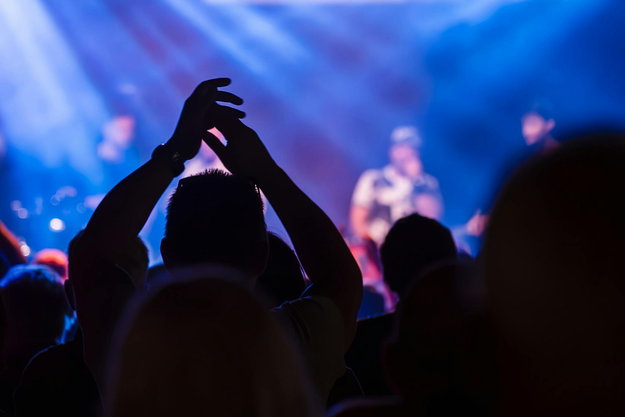 Energetic crowd at a live music concert with vibrant lighting and clapping hands.