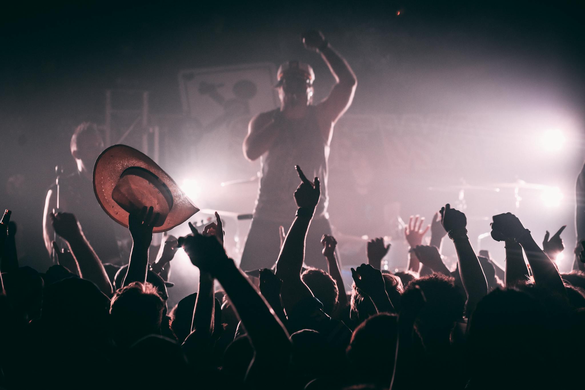 Silhouette of an energetic crowd enjoying a live concert with a performer on stage.
